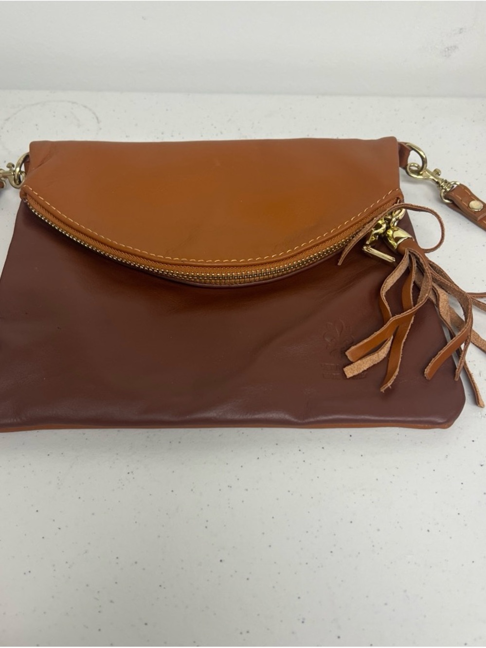 Vera Pelle Two-Tone Brown/Tan Leather Clutch with Tassel